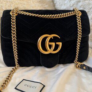 Gucci GG Marmont Velvet Medium Gold Chain Shoulder Bag - Black